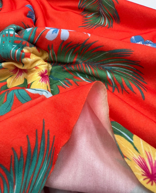 Orange Floral Print Spun Poly Stretch Fabric