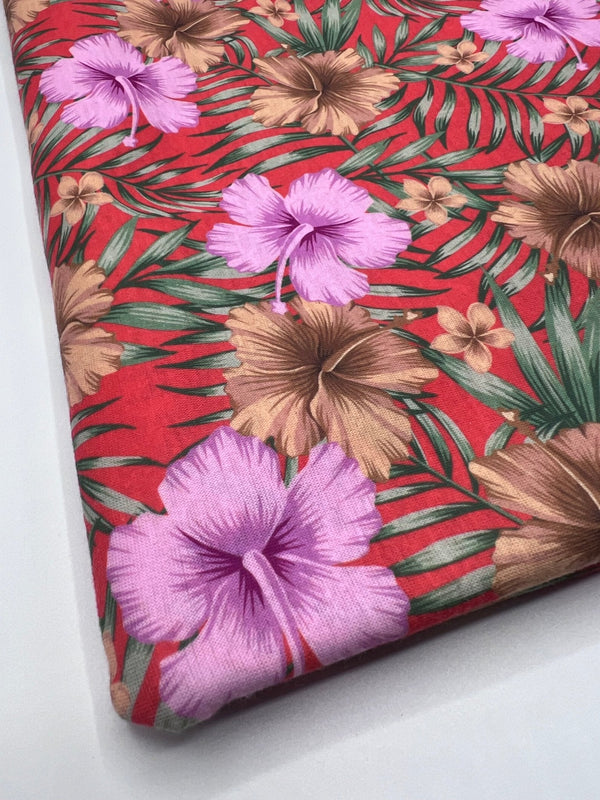 Orange Lilac Flower Print Spun Poly Stretch Fabric