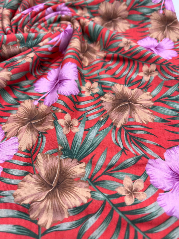 Orange Lilac Flower Print Spun Poly Stretch Fabric