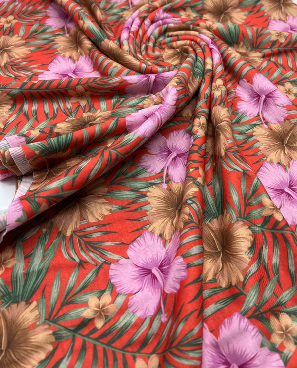 Orange Lilac Flower Print Spun Poly Stretch Fabric