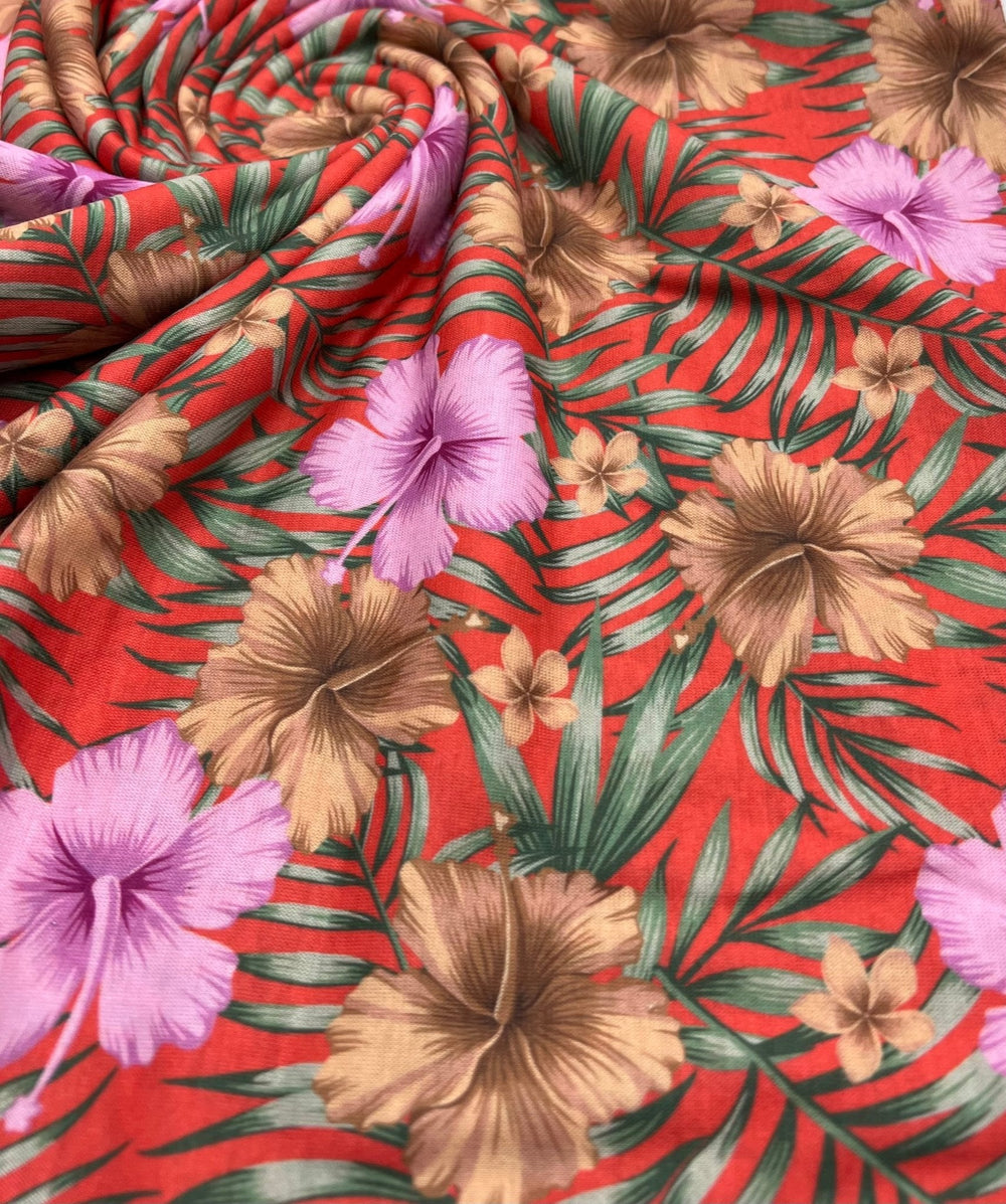 Orange Lilac Flower Print Spun Poly Stretch Fabric