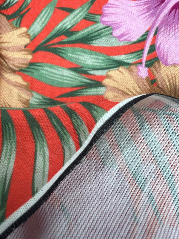 Orange Lilac Flower Print Spun Poly Stretch Fabric