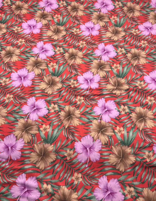 Orange Lilac Flower Print Spun Poly Stretch Fabric