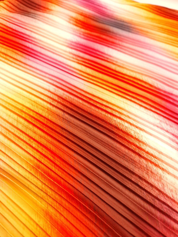 Orange Pink Multi Print Plisse Pleated Stretch Fabric