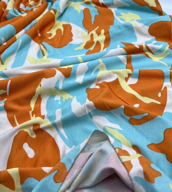 Orange Turq Camo Mix Print Viscose Elastane Fabric