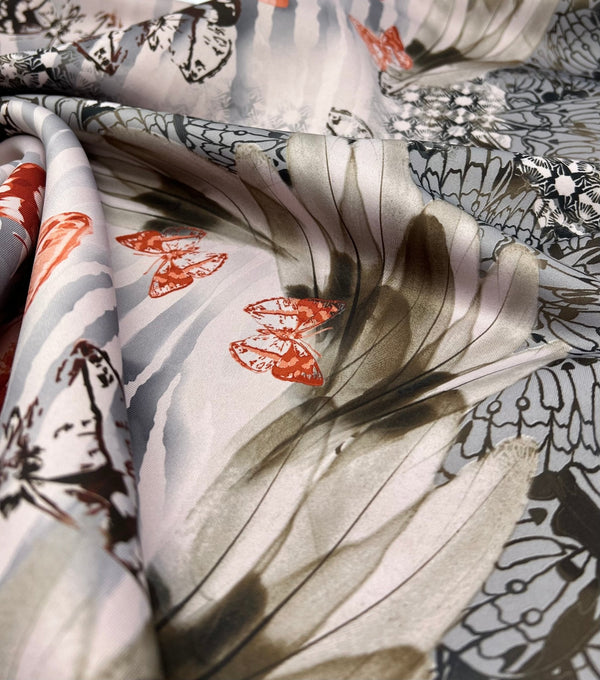 Pale Pink Butterfly Printed Plain Scuba 4 Way Stretch Jersey Fabric