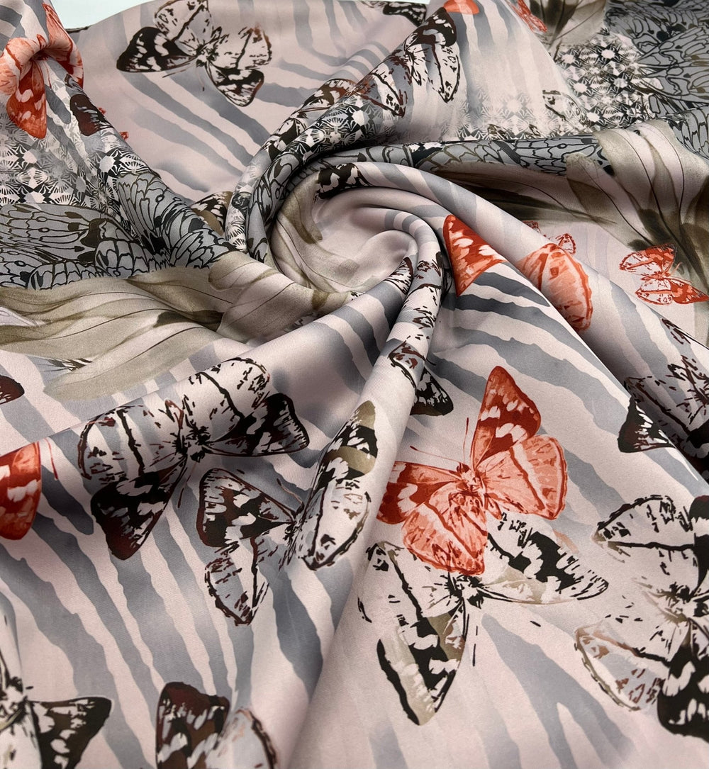 Pale Pink Butterfly Printed Plain Scuba 4 Way Stretch Jersey Fabric
