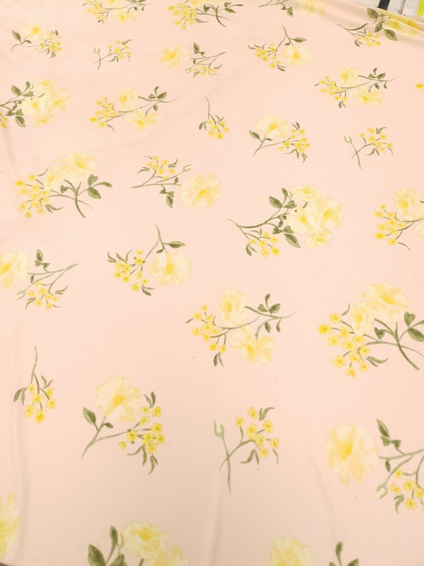Pale Pink & Yellow Floral Print Lightweight Jersey Crepe Fabric 4 Way Stretch
