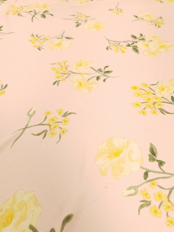 Pale Pink & Yellow Floral Print Lightweight Jersey Crepe Fabric 4 Way Stretch
