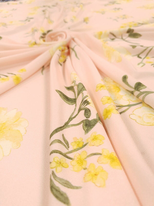 Pale Pink & Yellow Floral Print Lightweight Jersey Crepe Fabric 4 Way Stretch