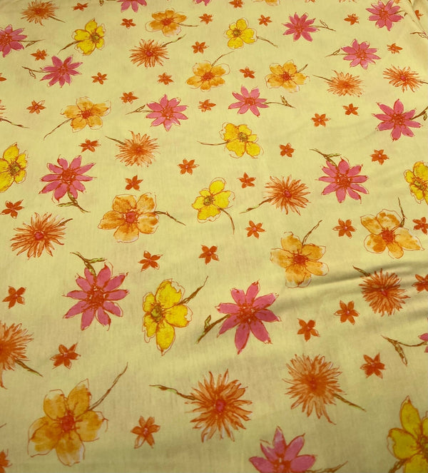 Pale Yellow Floral Print Spun Poly Stretch Fabric