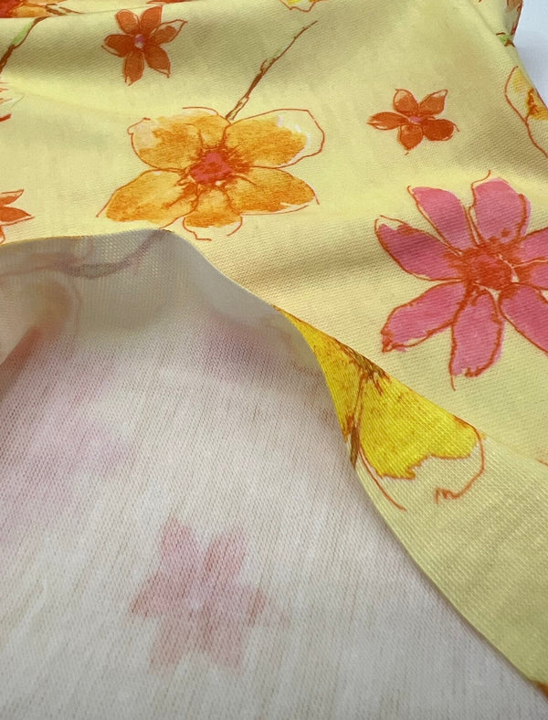 Pale Yellow Floral Print Spun Poly Stretch Fabric