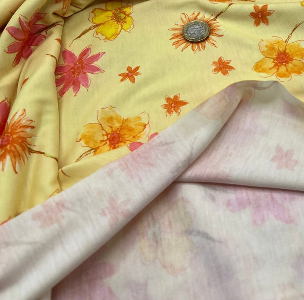 Pale Yellow Floral Print Spun Poly Stretch Fabric
