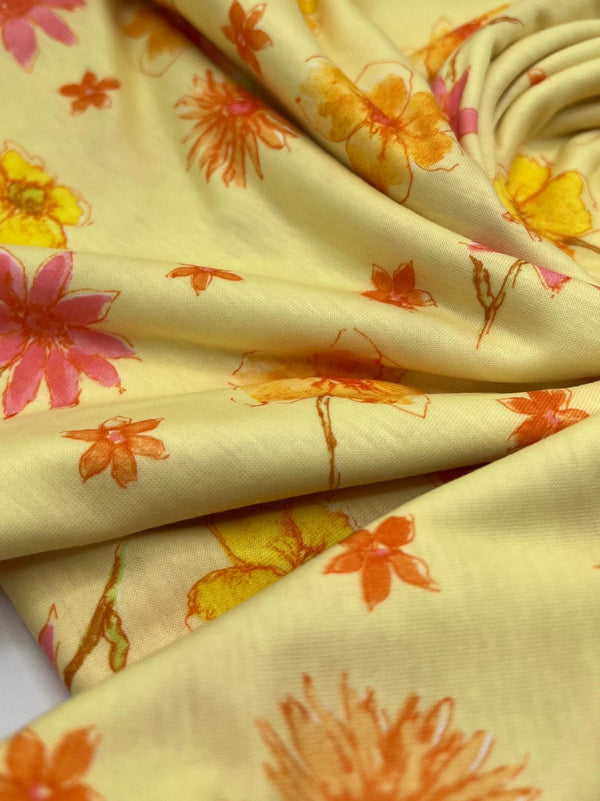Pale Yellow Floral Print Spun Poly Stretch Fabric