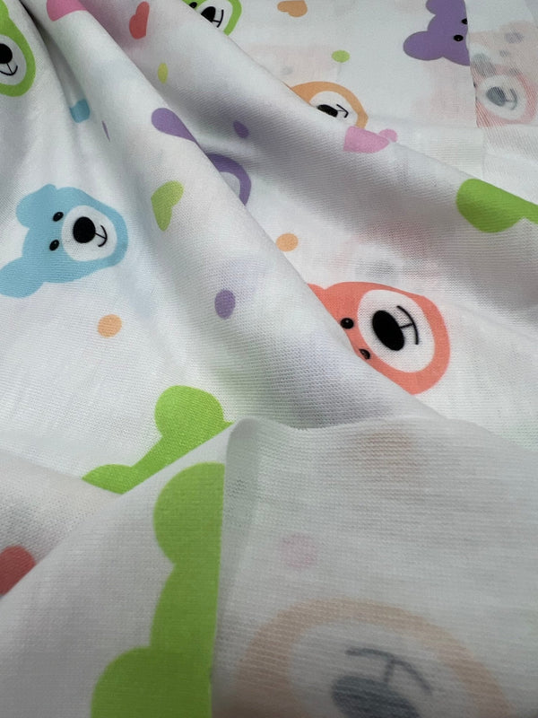 Pastel Colour Bear Faces Print Spun Poly Stretch Fabric