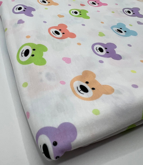 Pastel Colour Bear Faces Print Spun Poly Stretch Fabric