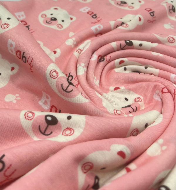 Pink Baby Bear Print Spun Poly Stretch Fabric