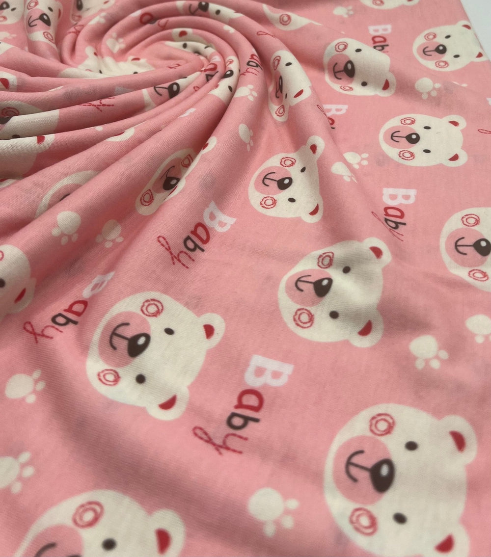 Pink Baby Bear Print Spun Poly Stretch Fabric