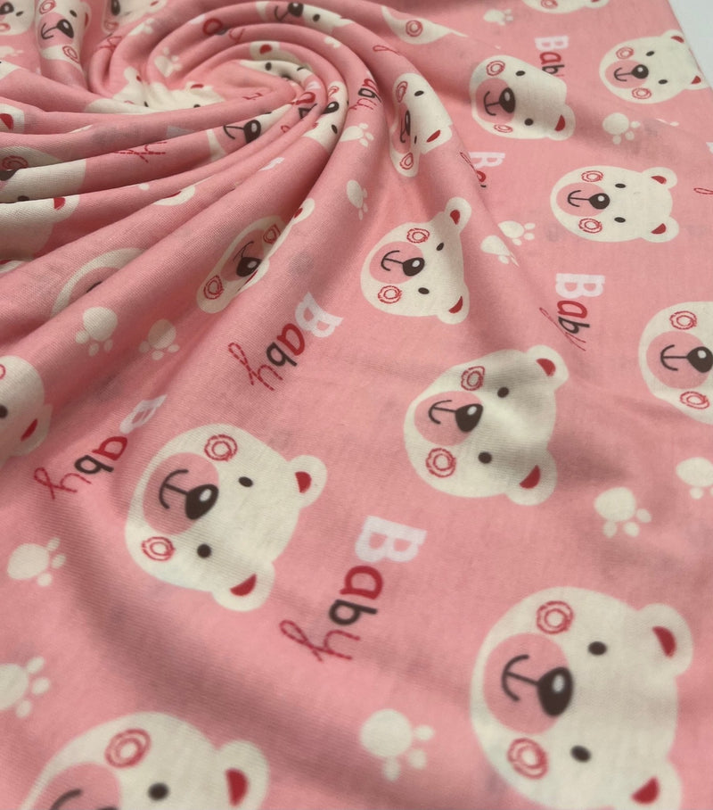 Pink Baby Bear Print Spun Poly Stretch Fabric