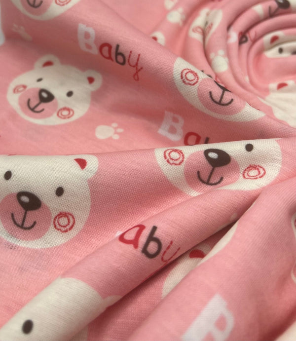 Pink Baby Bear Print Spun Poly Stretch Fabric