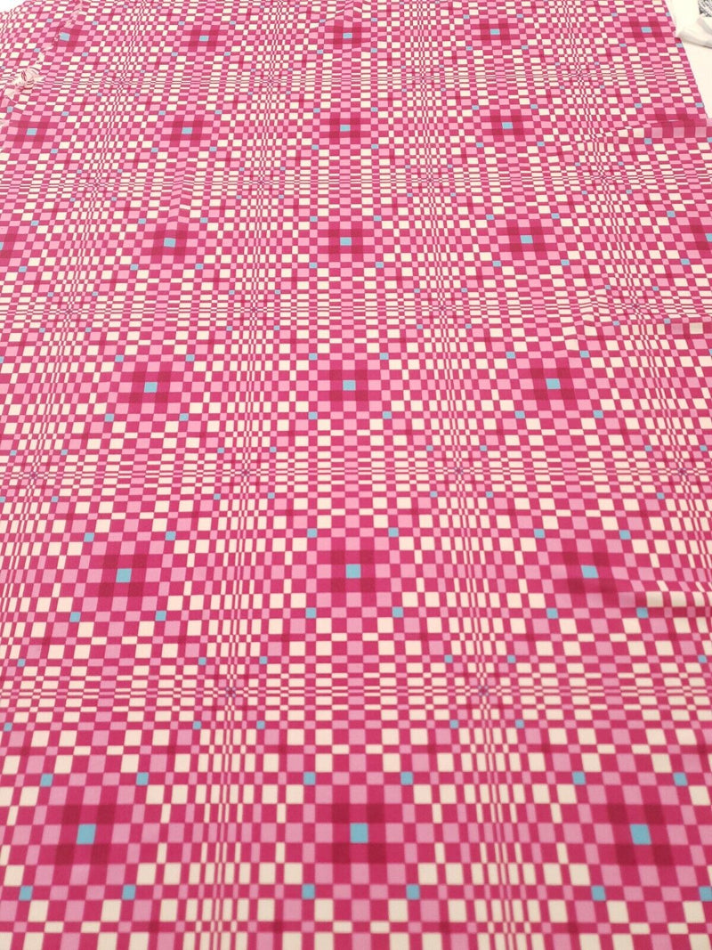 Pink & Blue Squares Print Lightweight Jersey Crepe Fabric 4 Way Stretch