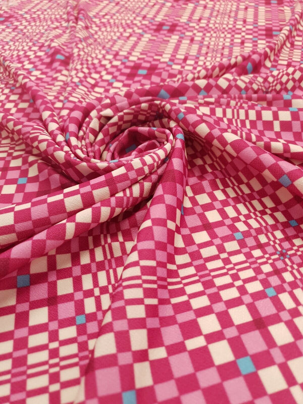 Pink & Blue Squares Print Lightweight Jersey Crepe Fabric 4 Way Stretch
