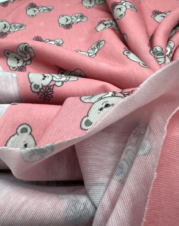 Pink Cute Teddy Bear Print Spun Poly Stretch Fabric