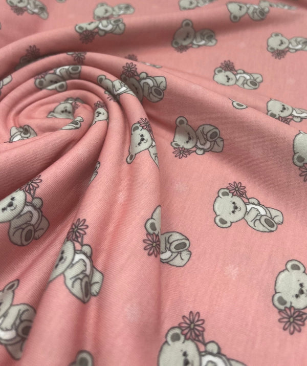 Pink Cute Teddy Bear Print Spun Poly Stretch Fabric