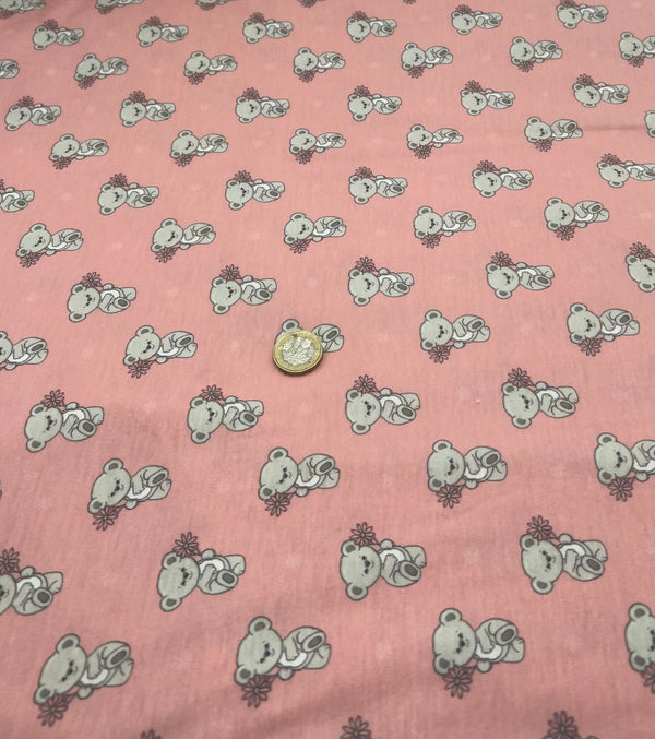 Pink Cute Teddy Bear Print Spun Poly Stretch Fabric