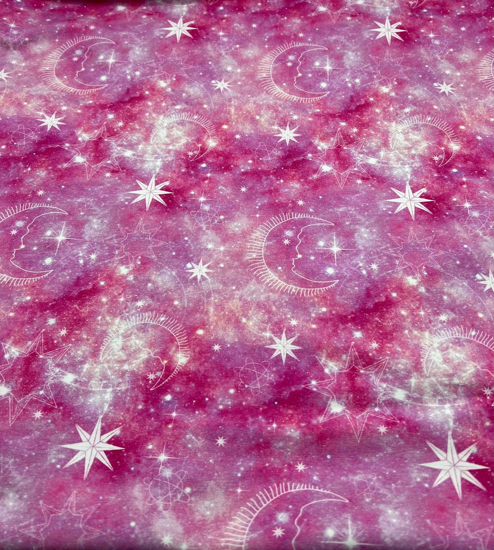 Pink Galaxy Print Cotton Stretch Jersey 200 GSM 95/5 Lycra 4 Way Stretch