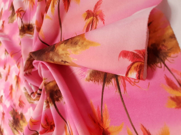 Pink Palm Tree Printed Scuba Crepe Jersey Fabric 4 Way Stretch