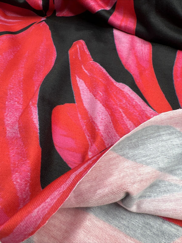 Pink Red Large Leaf Print Spun Poly Stretch Fabric