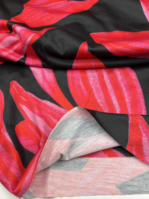 Pink Red Large Leaf Print Spun Poly Stretch Fabric