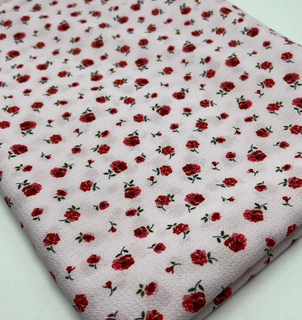 Pink Rose Ditsy Print Lightweight Bubble Crepe Fabric