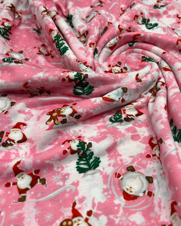 Pink Santa Print Soft Spun Poly Stretch Fabric