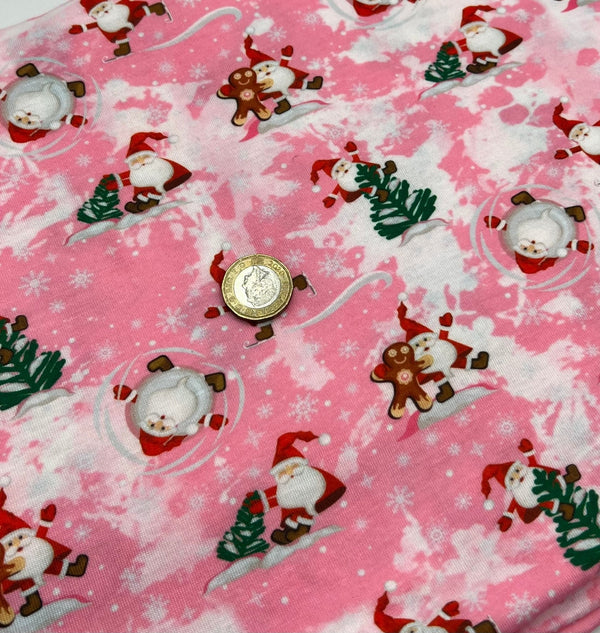 Pink Santa Print Soft Spun Poly Stretch Fabric