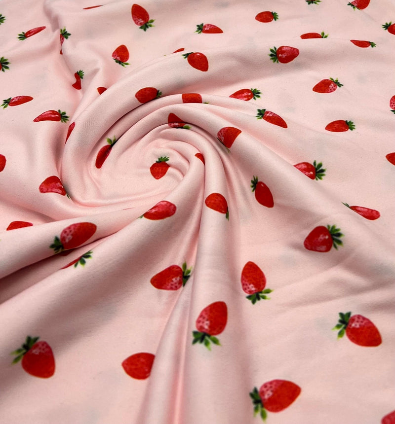 Pink Strawberrys Super Soft Print Spun Poly Stretch Fabric