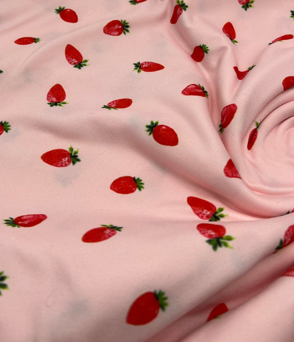 Pink Strawberrys Super Soft Print Spun Poly Stretch Fabric