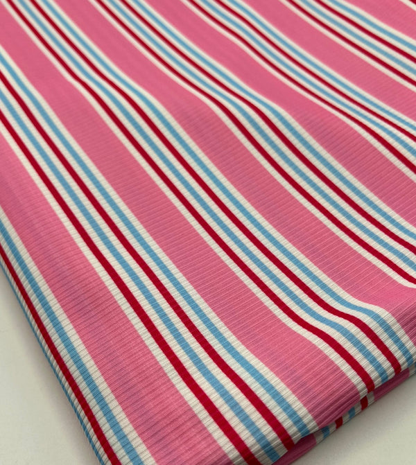 Pink Stripe Print 2X1 Fine Rib Stretch Fabric