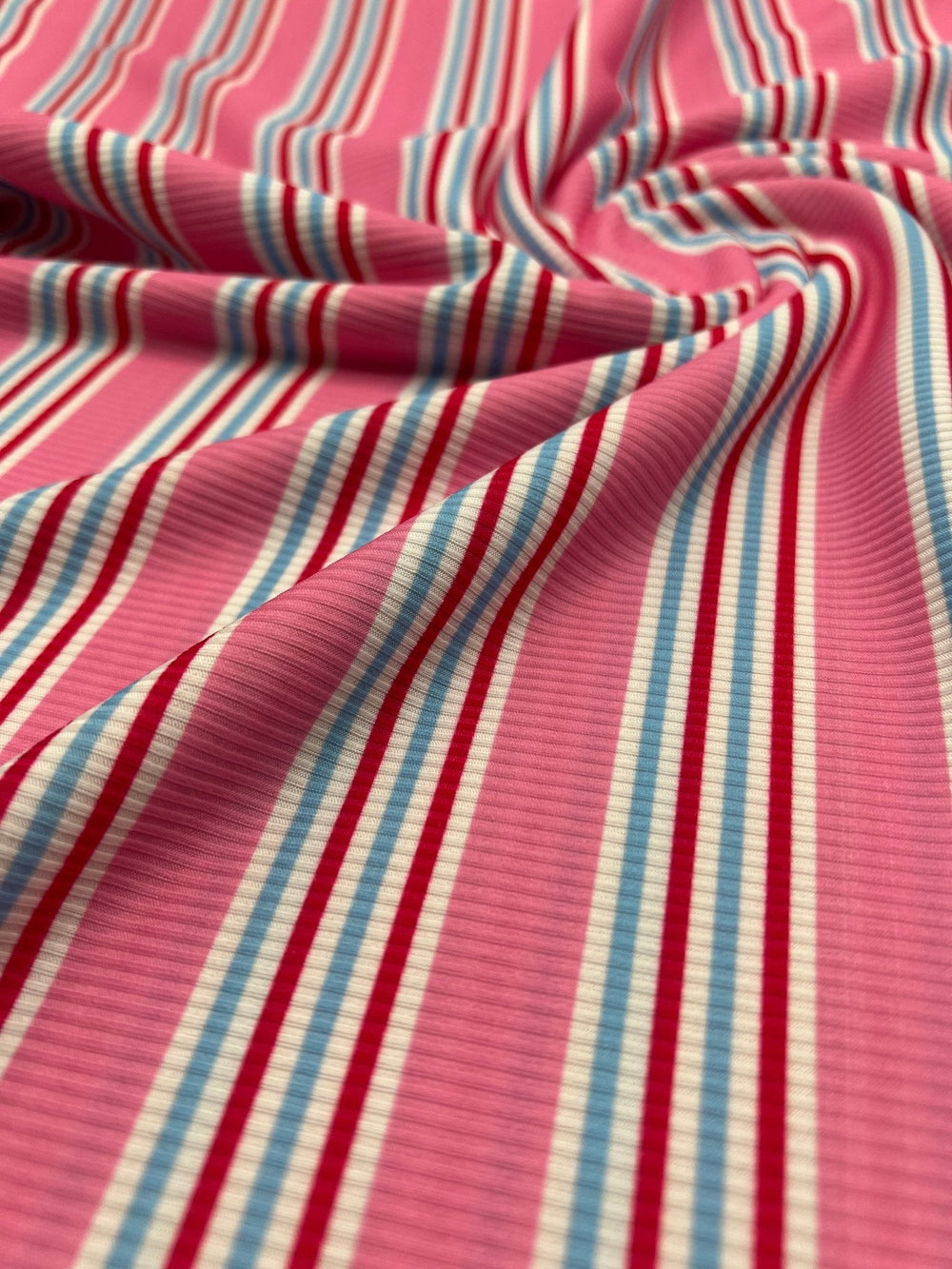 Pink Stripe Print 2X1 Fine Rib Stretch Fabric