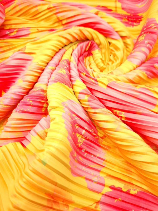 Pink Yellow Floral Multi Print Plisse Pleated Stretch Fabric