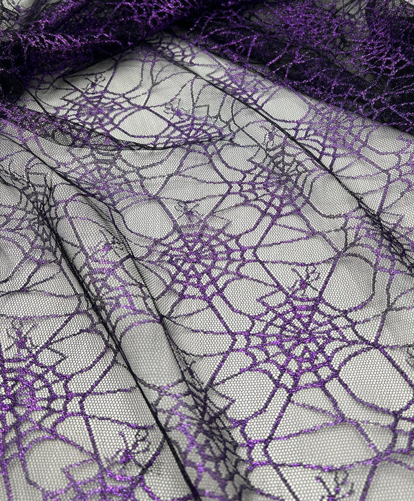 Purple Black Cobweb Halloween Print Mesh Fabric Stretch