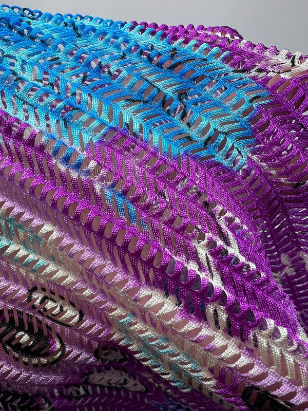 Purple Peacock Chevron Ladder Raschel Knit 4 Way Stretch Fabric