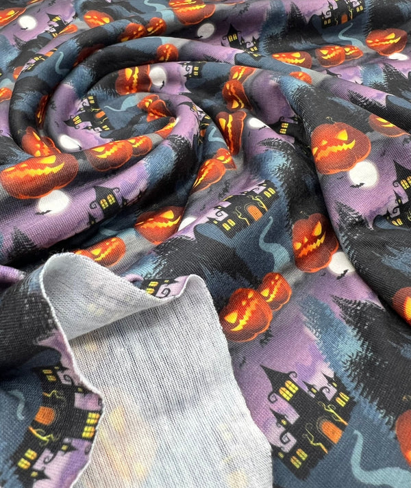 Purple Pumpkin Castle Halloween Print Spun Poly Stretch Fabric