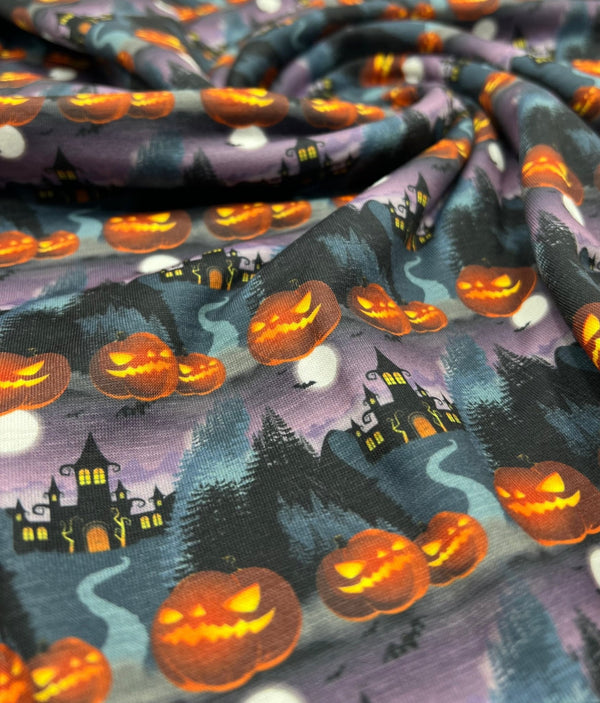 Purple Pumpkin Castle Halloween Print Spun Poly Stretch Fabric