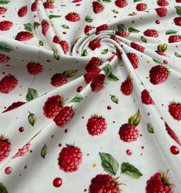 Raspberries Print Cotton Stretch Jersey 200 GSM 95/5 Lycra 4 Way Stretch