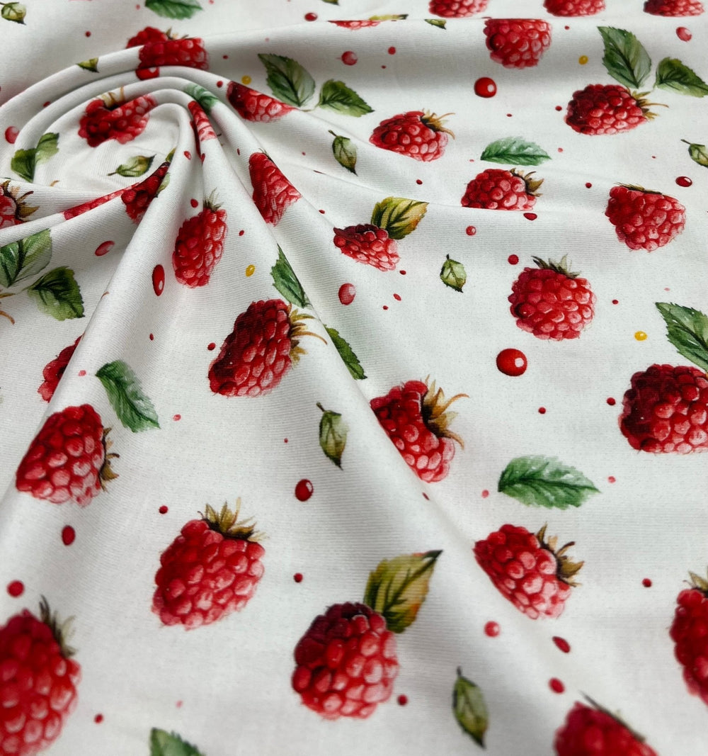 Raspberries Print Cotton Stretch Jersey 200 GSM 95/5 Lycra 4 Way Stretch