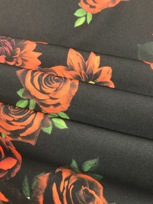 Red & Black Rose Printed Scuba Crepe Jersey Fabric 4 Way Stretch