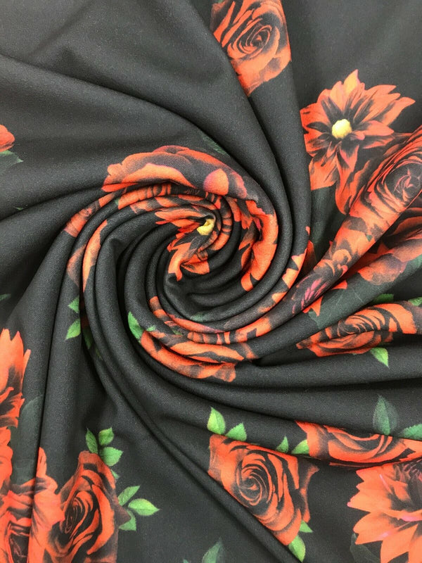 Red & Black Rose Printed Scuba Crepe Jersey Fabric 4 Way Stretch