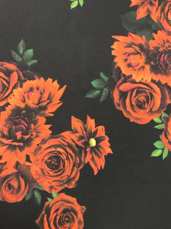 Red & Black Rose Printed Scuba Crepe Jersey Fabric 4 Way Stretch